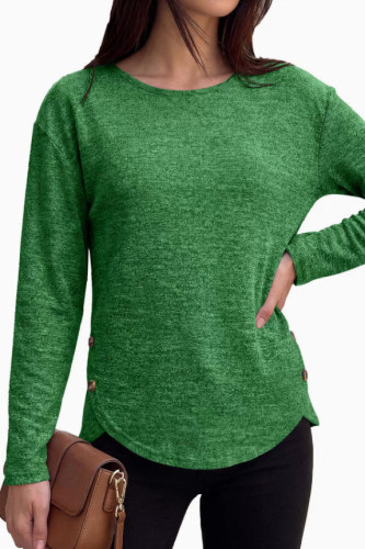 Round Neck Long Sleeved Split Button T-shirt
