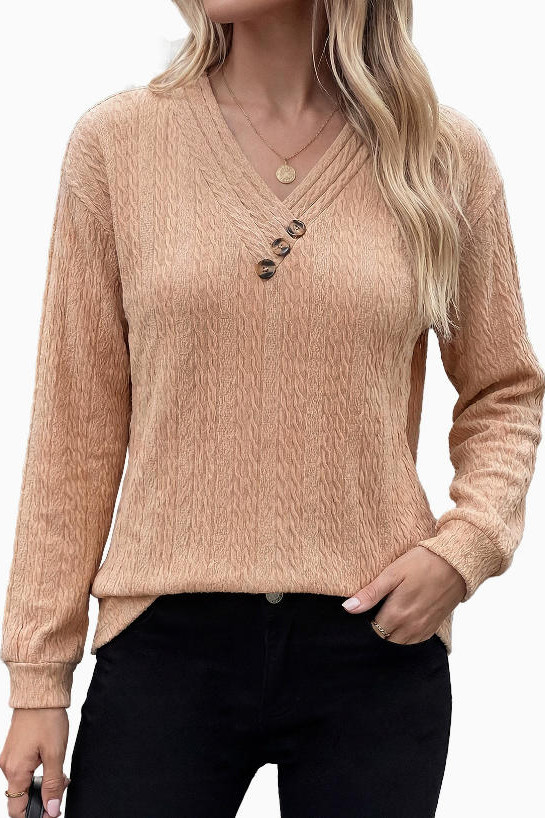 V-neck Pleated Loose Long Sleeved T-shirt
