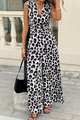 Leopard Print Sleeveless V-neck Jumpsuit