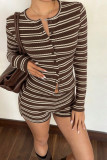 Round Neck Striped Cardigan Shorts 2-piece Set