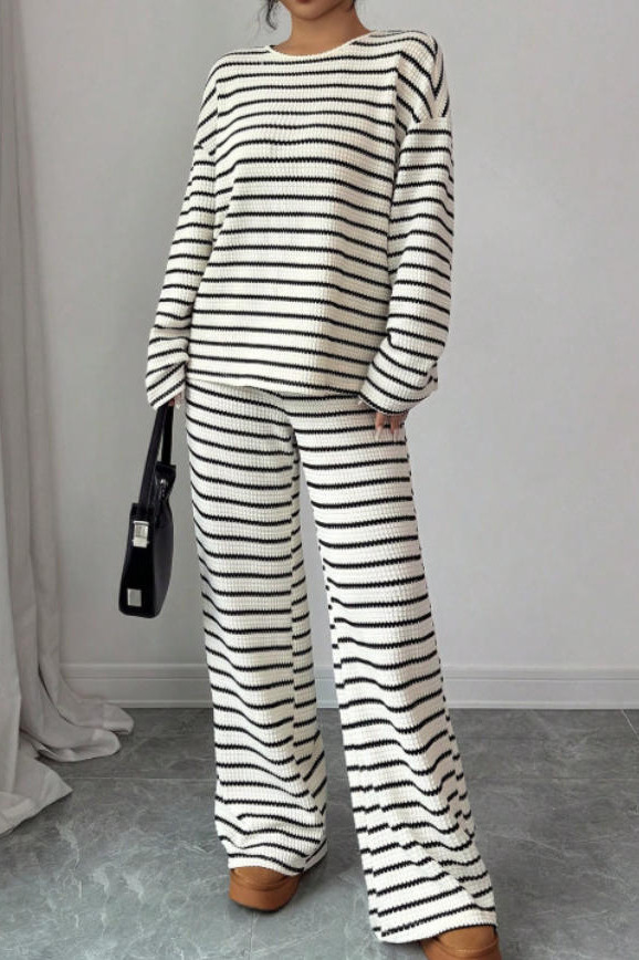 Striped Round Neck Shirt Pants Two-piece Set