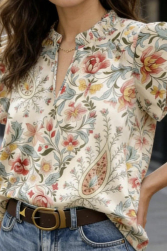 V-neck Ruffled Short Sleeved Shirt