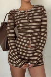 Round Neck Striped Cardigan Shorts 2-piece Set