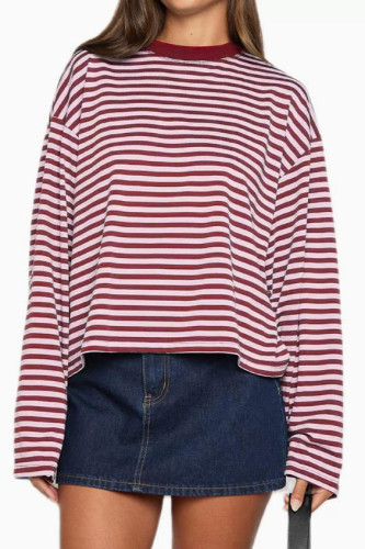Round Neck Striped Loose Long Sleeved T-shirt