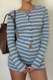Round Neck Striped Cardigan Shorts 2-piece Set