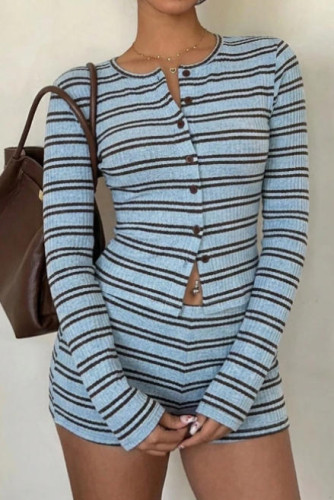 Round Neck Striped Cardigan Shorts 2-piece Set