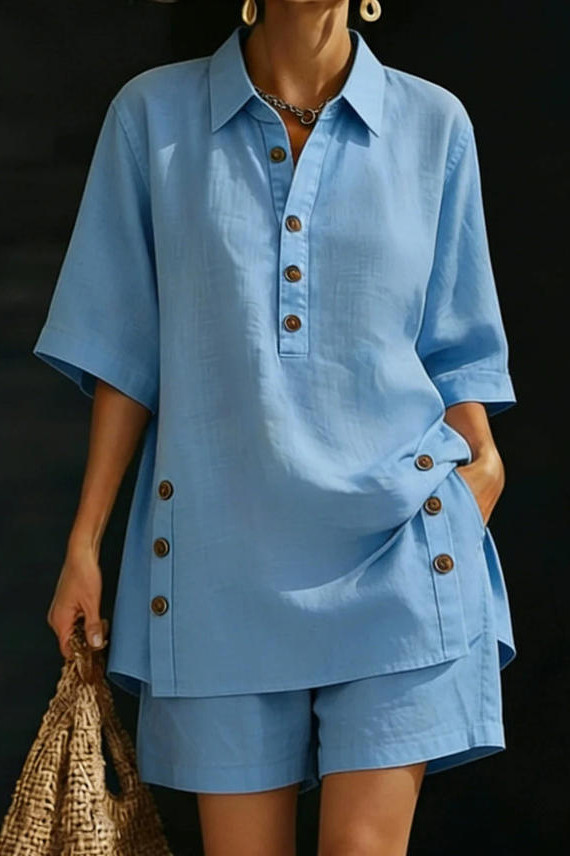 Lapel Short Sleeved Shirt Shorts 2-piece Set