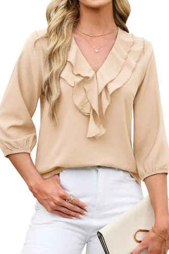 Ruffle V-neck Seven Quarter Sleeve Chiffon Shirt