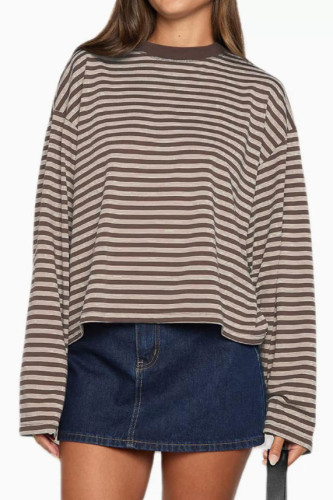 Round Neck Striped Loose Long Sleeved T-shirt