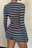 Round Neck Striped Cardigan Shorts 2-piece Set