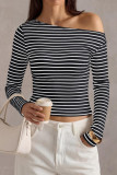 Striped One Shoulder Long Sleeved T-shirt