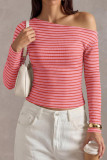 Striped One Shoulder Long Sleeved T-shirt