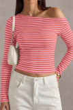 Striped One Shoulder Long Sleeved T-shirt