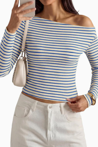 Striped One Shoulder Long Sleeved T-shirt