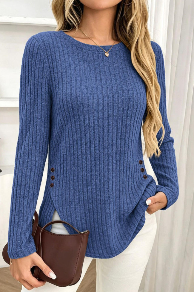 Solid Color Round Neck Long Sleeved T-shirt