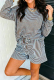Striped Long Sleeved Shirt Shorts 2-piece Set