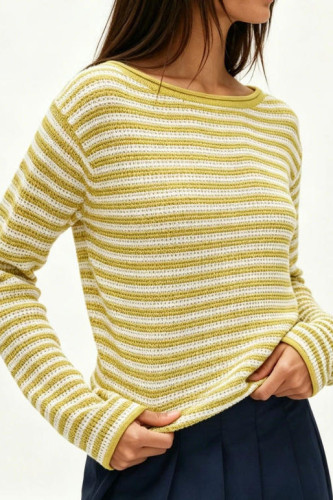 Round Neck Striped Long Sleeved Knitted Sweater