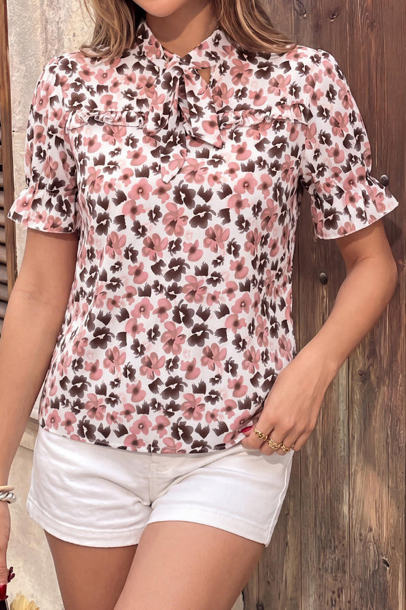 Retro Bow Floral Chiffon Short Sleeve Shirt