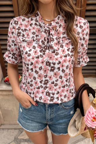 Retro Bow Floral Chiffon Short Sleeve Shirt