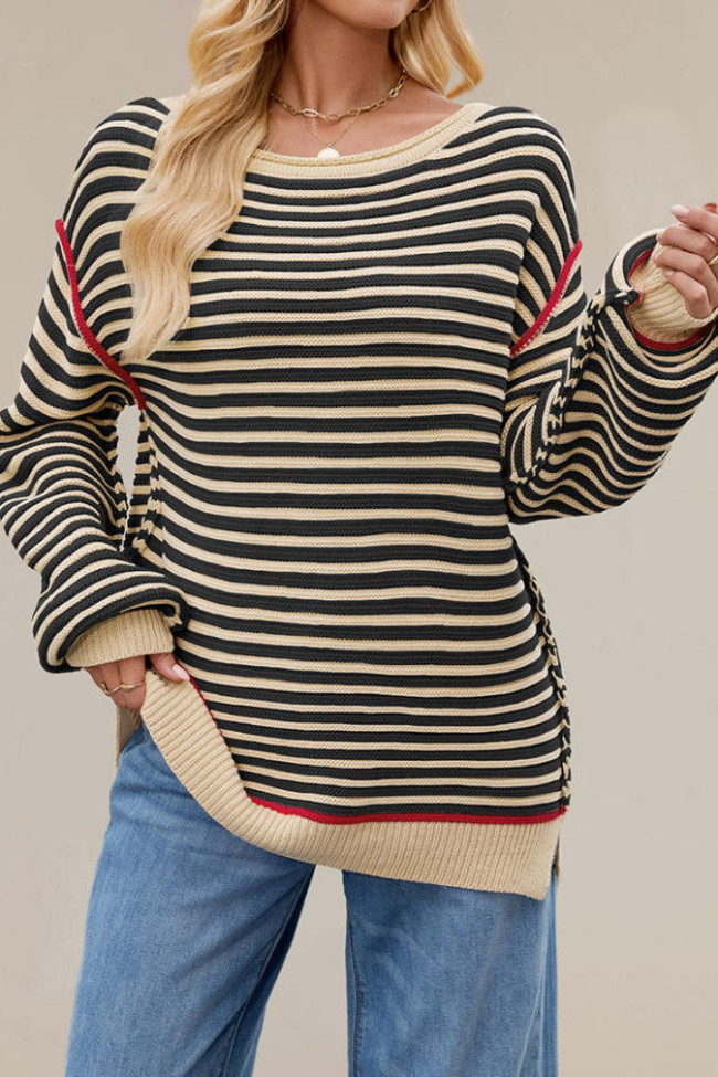 Striped Round Neck Long Sleeved Knitted Sweater