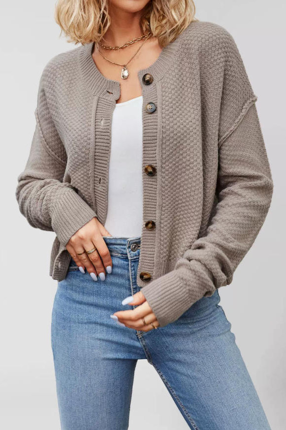 Solid Color Long Sleeved Knitted Cardigan
