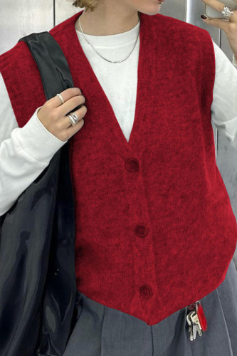 Solid Color V-neck Button Sleeveless Vest