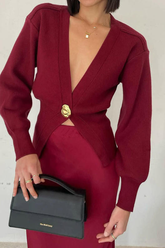 Deep V-neck Long Sleeved Knitted Sweater