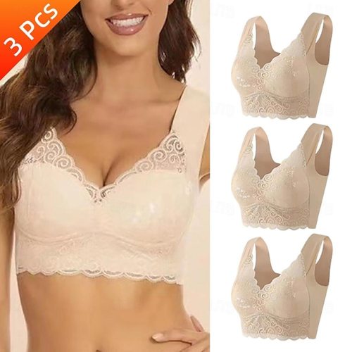 Mutipack Women's Wireless Bras Padded Bras Full Coverage V Neck 3 Pcs Breathable Push Up Lace Pull-On Closure Date Casual Daily Nylon Sexy 1PC Black Khaki