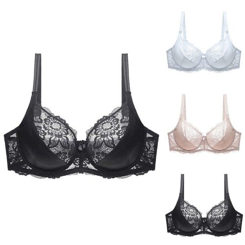 Female Luxury Lace Plus Size Gathered Bra Solid Color Push Up Fashion Sexy Thin Breathable Bra