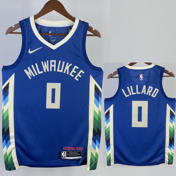 22/23 BUCKS LILLARD #0 Blue City Edition Top Quality Hot Pressing NBA Jersey(V领)