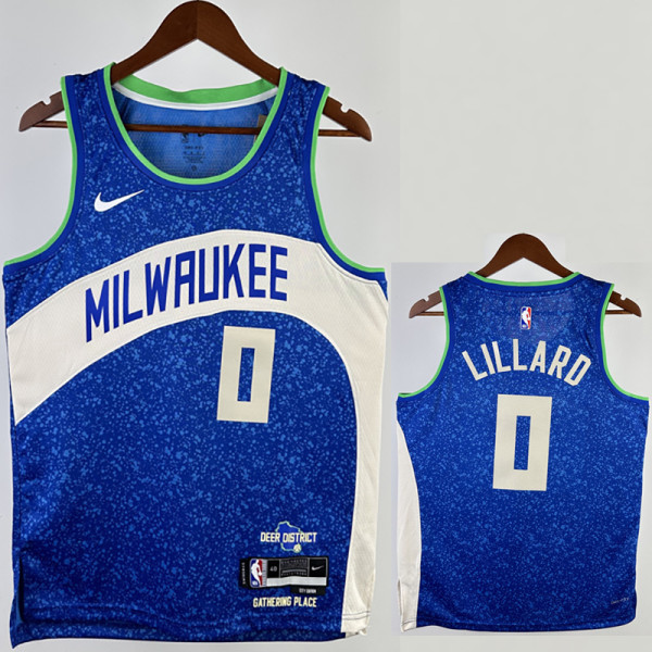 23/24 BUCKS LILLARD #0 Blue City Edition Top Quality Hot Pressing NBA Jersey(V领)