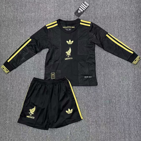 25/26  Mexico Black Gold Cup Long Sleeve  Kids Soccer Jersey