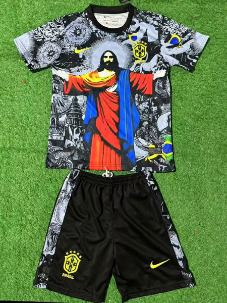 2025 Brazil Jesus Statue Northern Cardinal Black  Kids  Soccer Jersey