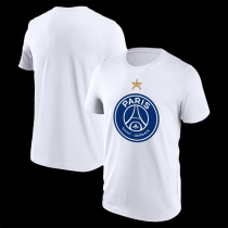 2025 PSG White  Champions  pure cotton T-shirt(纯棉 、白胸前蓝标）