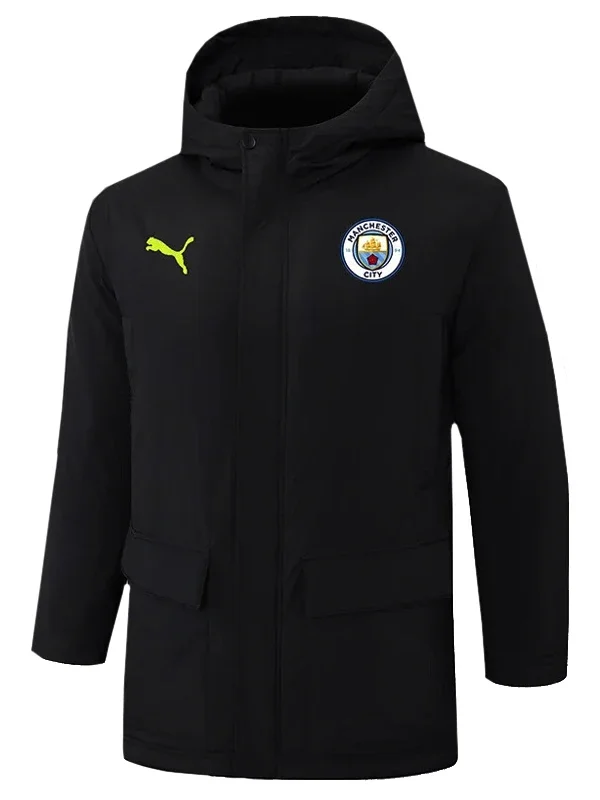 24-25 Man City Black Hooded Windbreaker Fabric Cotton Coat #G242(绿彪标）