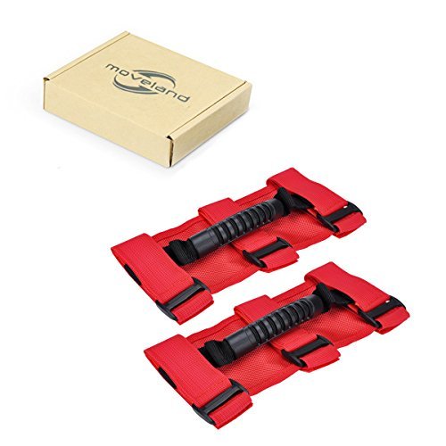 moveland Grab Handles Compatible with Jeep Wrangler Roll Bars (2 Pack), Easy-to-Fit 3 Straps Design for 1955-2023 Models (RED)