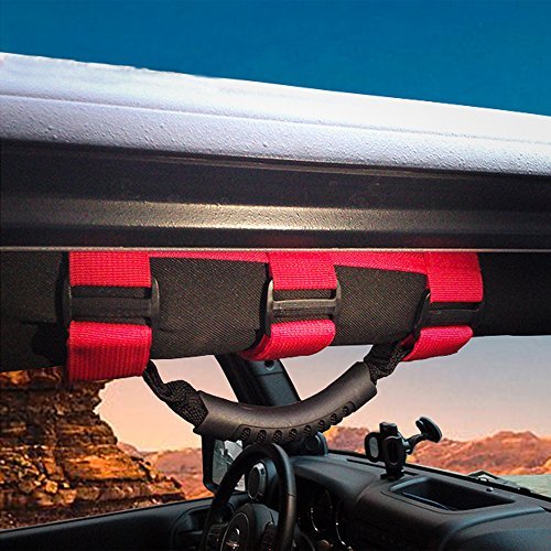 moveland Grab Handles Compatible with Jeep Wrangler Roll Bars (2 Pack), Easy-to-Fit 3 Straps Design for 1955-2023 Models (RED)