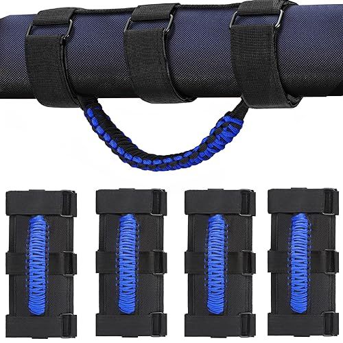 moveland 4 Pack Upgrade Roll Bar Grab Handles with Metal Buckle - Paracord Grip Handle Easy-to-fit for Jeep Wrangler YJ TJ JK JL Sports Sahara Freedom Rubicon X & Unlimited(Blue)