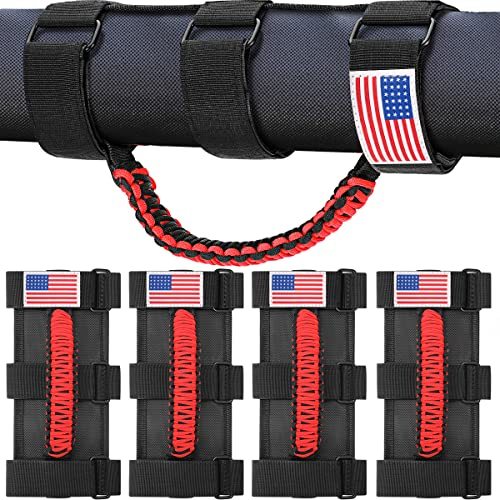 moveland 4 Pack Roll Bar Grab Handles, Paracord Grip Handles for 1955-2024 Jeep Wrangler JL, JK, TJ, YJ & Jeep Gladiator Accessories - Upgrade Metal Buckle, Strong & Durable (RED)
