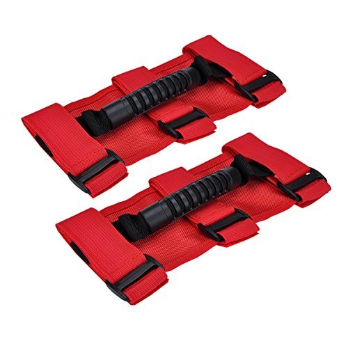 moveland Grab Handles Compatible with Jeep Wrangler Roll Bars (2 Pack), Easy-to-Fit 3 Straps Design for 1955-2023 Models (RED)