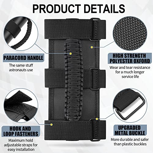 moveland 2 Pack Roll Bar Grab Handles, Black Paracord Grip Handles for 1955-2023 Jeep Wrangler JL, JK, TJ, YJ & Jeep Gladiator Accessories - Upgrade Metal Buckle, Strong & Durable