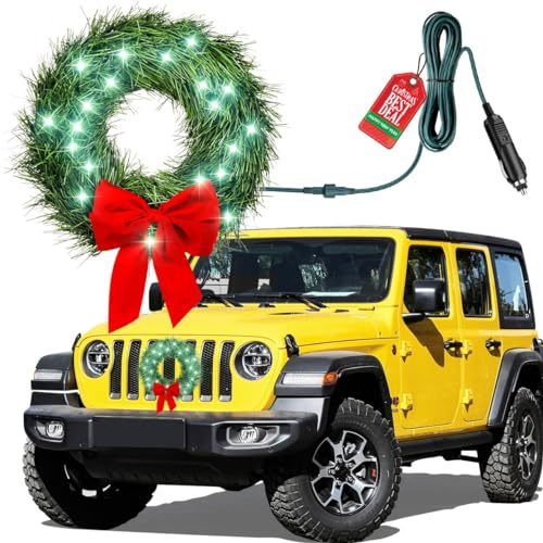 moveland LED Car Wreath with Red Bow - 11  Artificial Wreath for Car Front Grill -12V Plug-in Wreath Lighting - Christmas Car Decoration for Golf Carts Jeeps Trucks SUVs