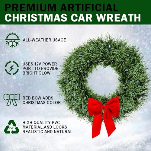 moveland LED Car Wreath with Red Bow - 11  Artificial Wreath for Car Front Grill -12V Plug-in Wreath Lighting - Christmas Car Decoration for Golf Carts Jeeps Trucks SUVs