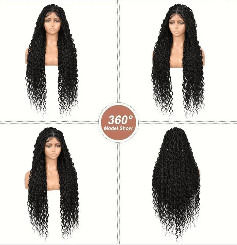 32  Square Knotless Locs Braided Wigs For Women Full Lace Braided Wig With Boho Curls Synthetic Lace Braided Wigs Dreadlocks Cornrow Braids Wig