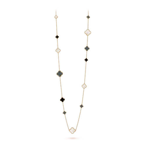 Van Cleef Inspired Magic Alhambra long necklace, 16 Onyx motifs
