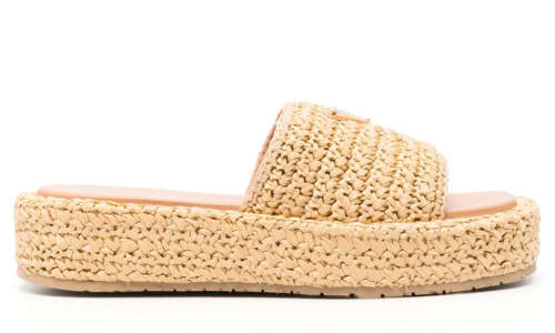 Prada logo-plaque crochet sandals 'Beige'