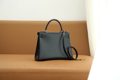 Hermes Kelly 28 Box Leather Handmade Bag In Black