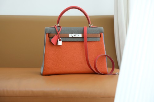 Hermes Kelly Sellier 32 Togo In Gris Etain/Orange/Rose Jaipur/Gold/Blue Lin/Blue Hydra