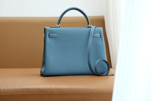 Hermes Kelly Sellier 32 Togo Handmade Bag in Blue Jean