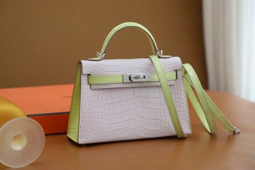 Hermes Kelly Mini II Crocodile Leather Handmade Bag In Mauve Pale/Jaune Bourgeon